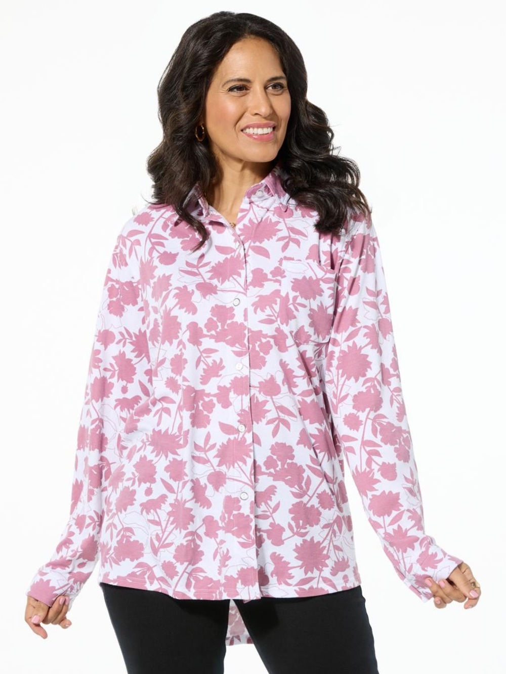 Black White Floral Button Up Shirt Monochrome Long Sleeve Blouse Everyday